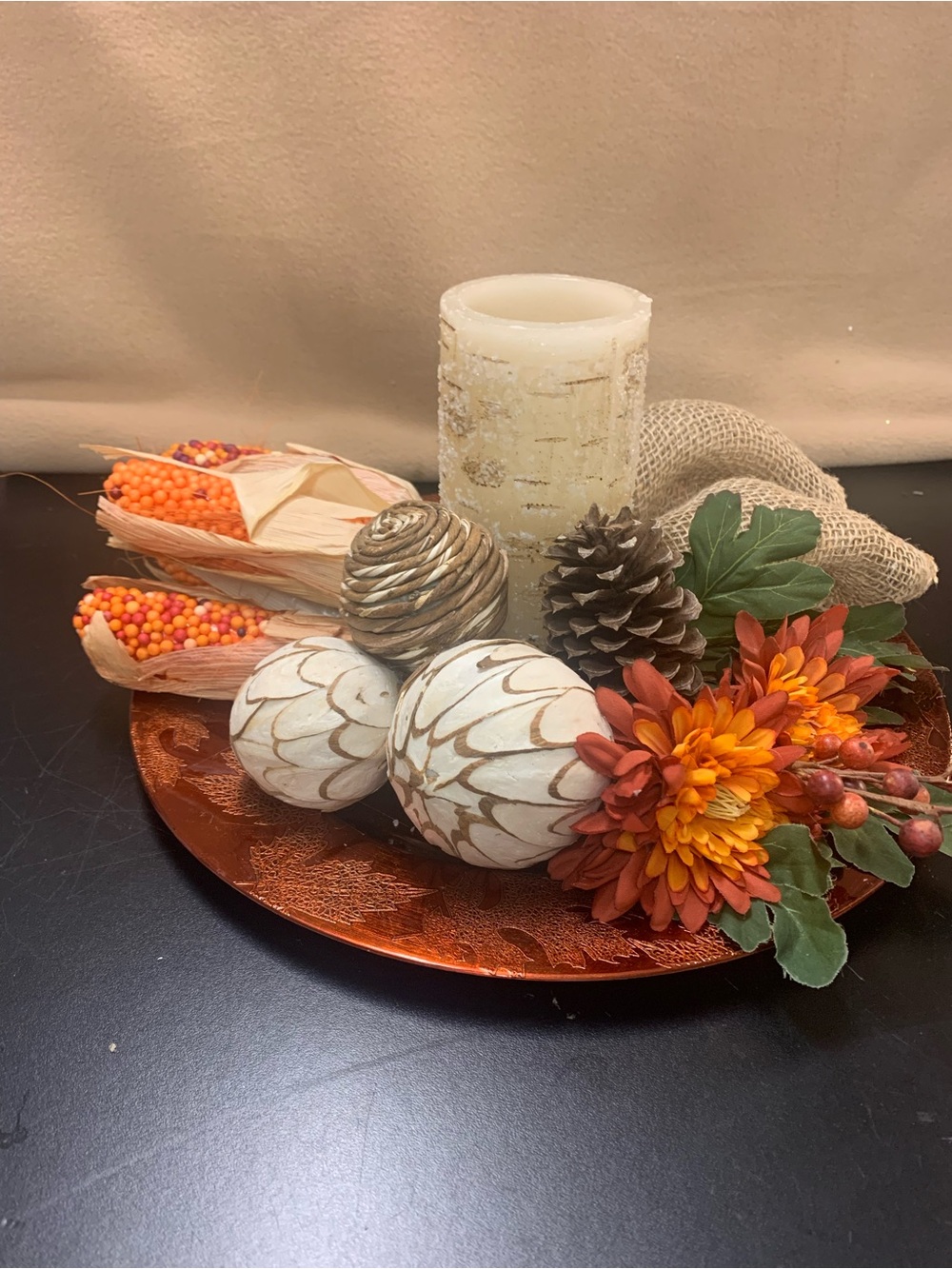 Autumn Decorative Centerpiece Plate with Orange Flowers and Candle